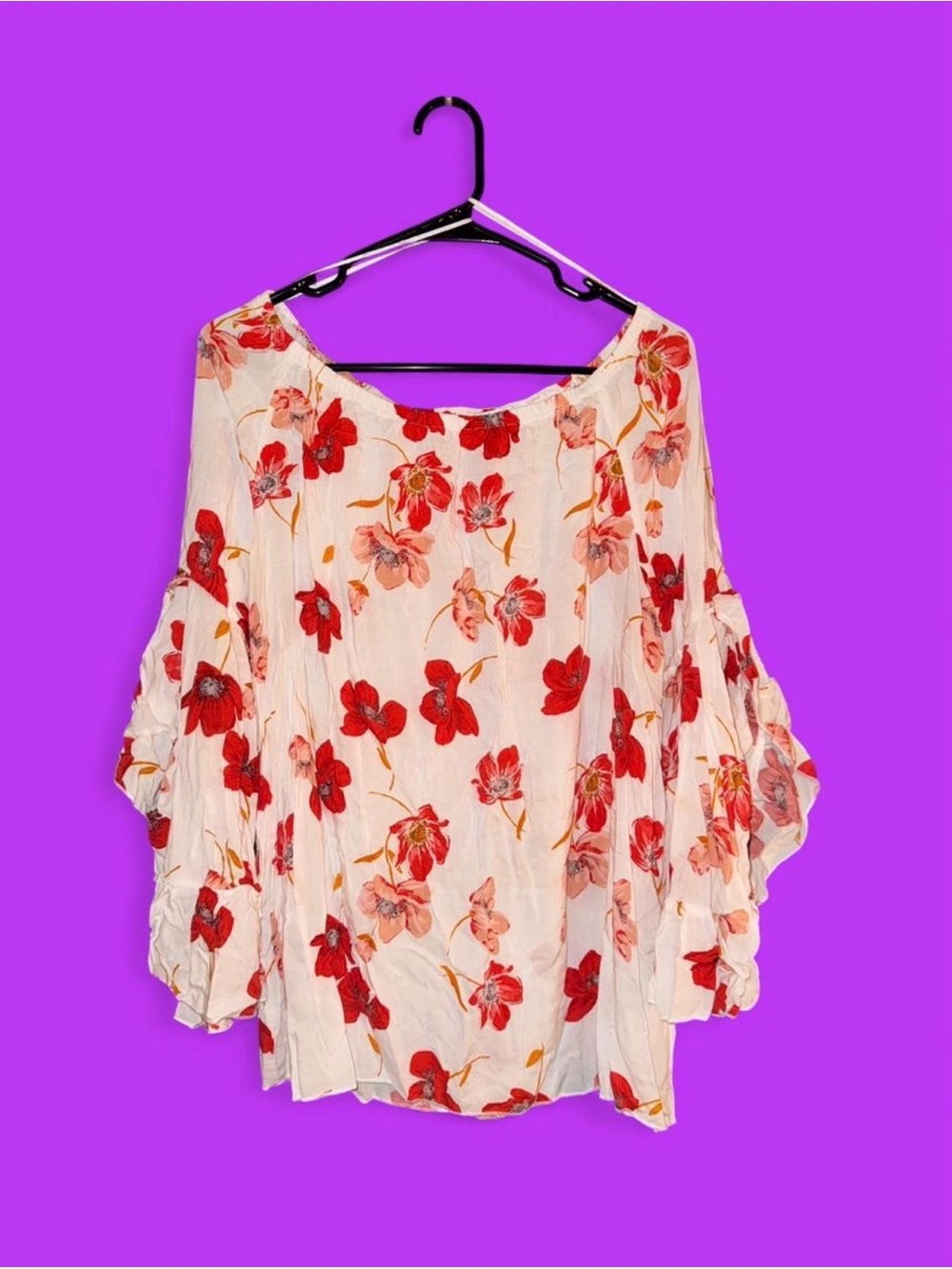 Fever Cream Off-Shoulder Tunic with Red Floral Print
